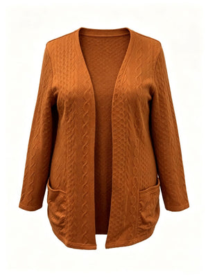 Dark Brown V-neck textured mid-length cardigan, plus size for women