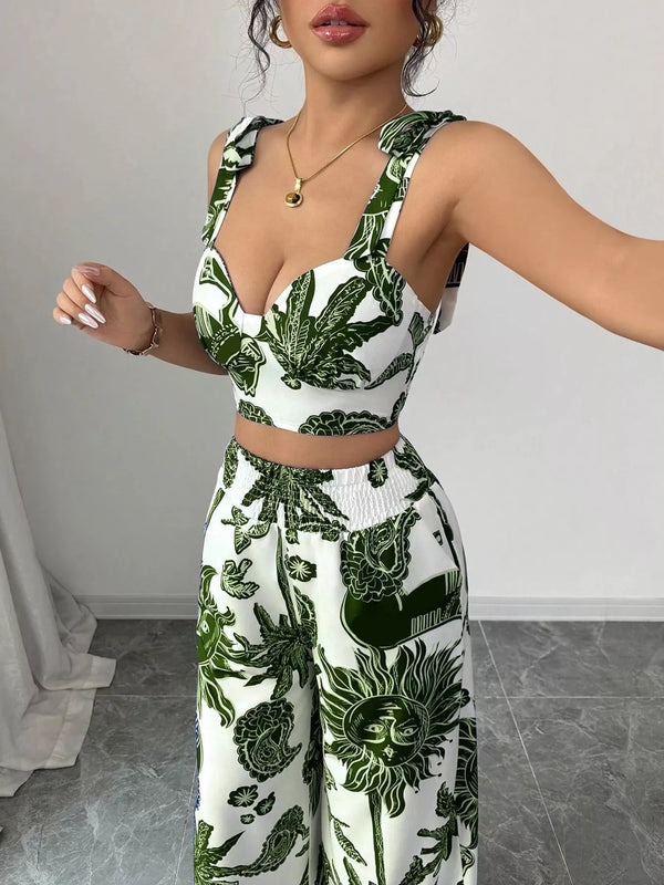 Floral Print Crop Top and Wide Leg Pants Set view 10