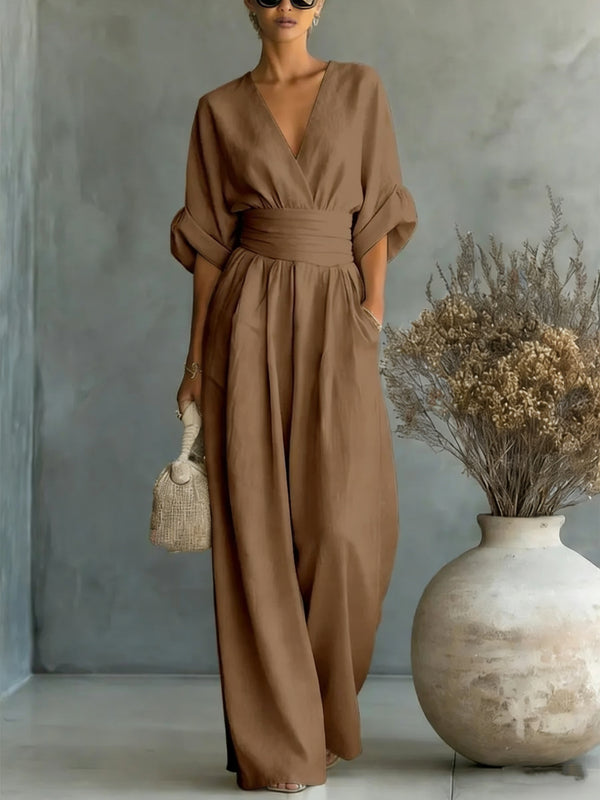 Short-sleeve V-neck wide-leg jumpsuit product image