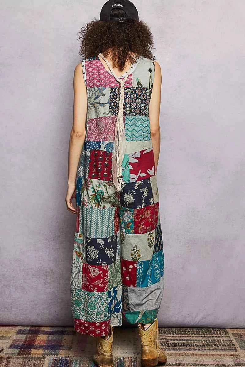 Sleeveless patchwork wide leg jumpsuit — additional view 4