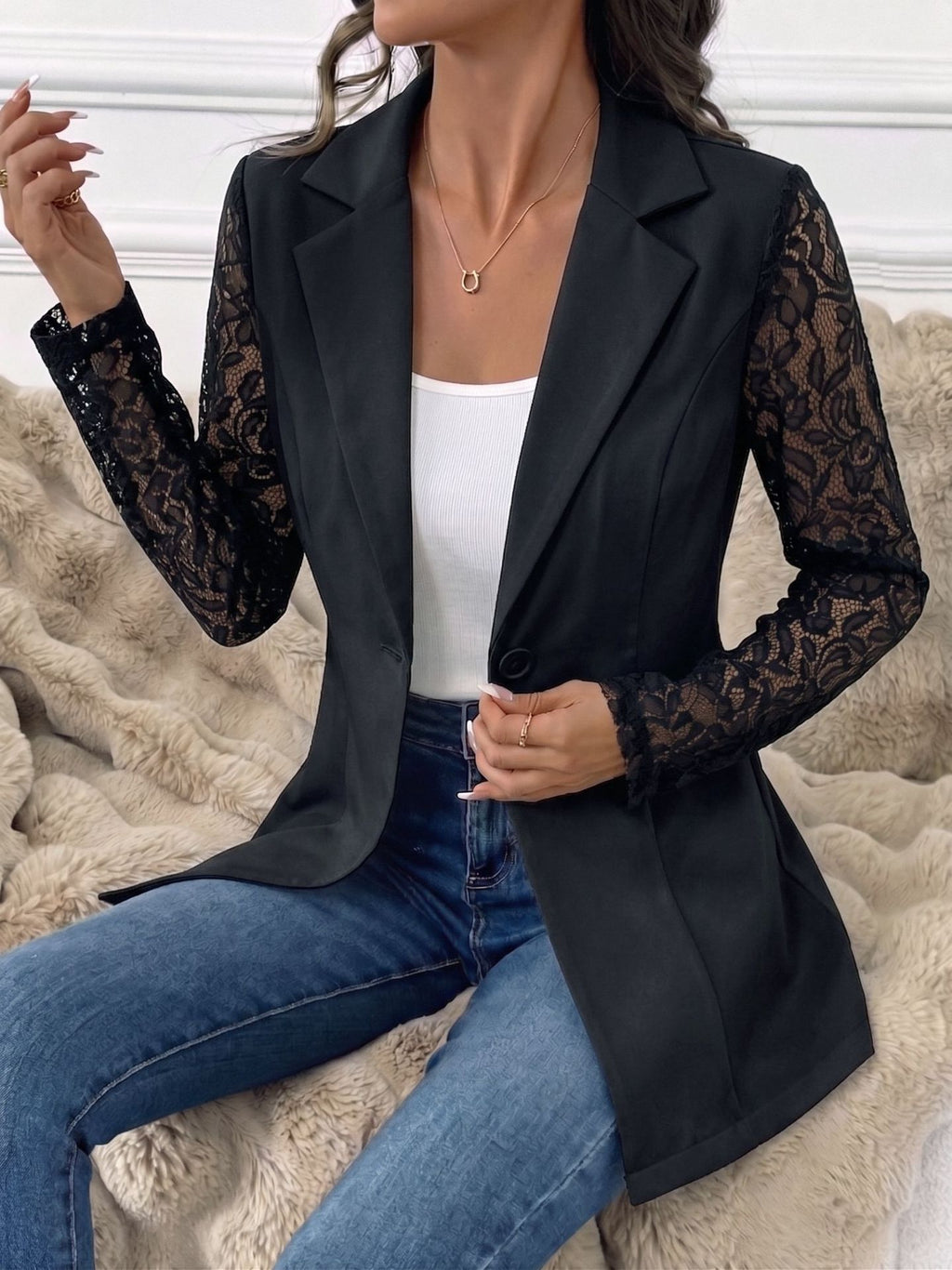 One-button lace-panel blazer for women, image 5