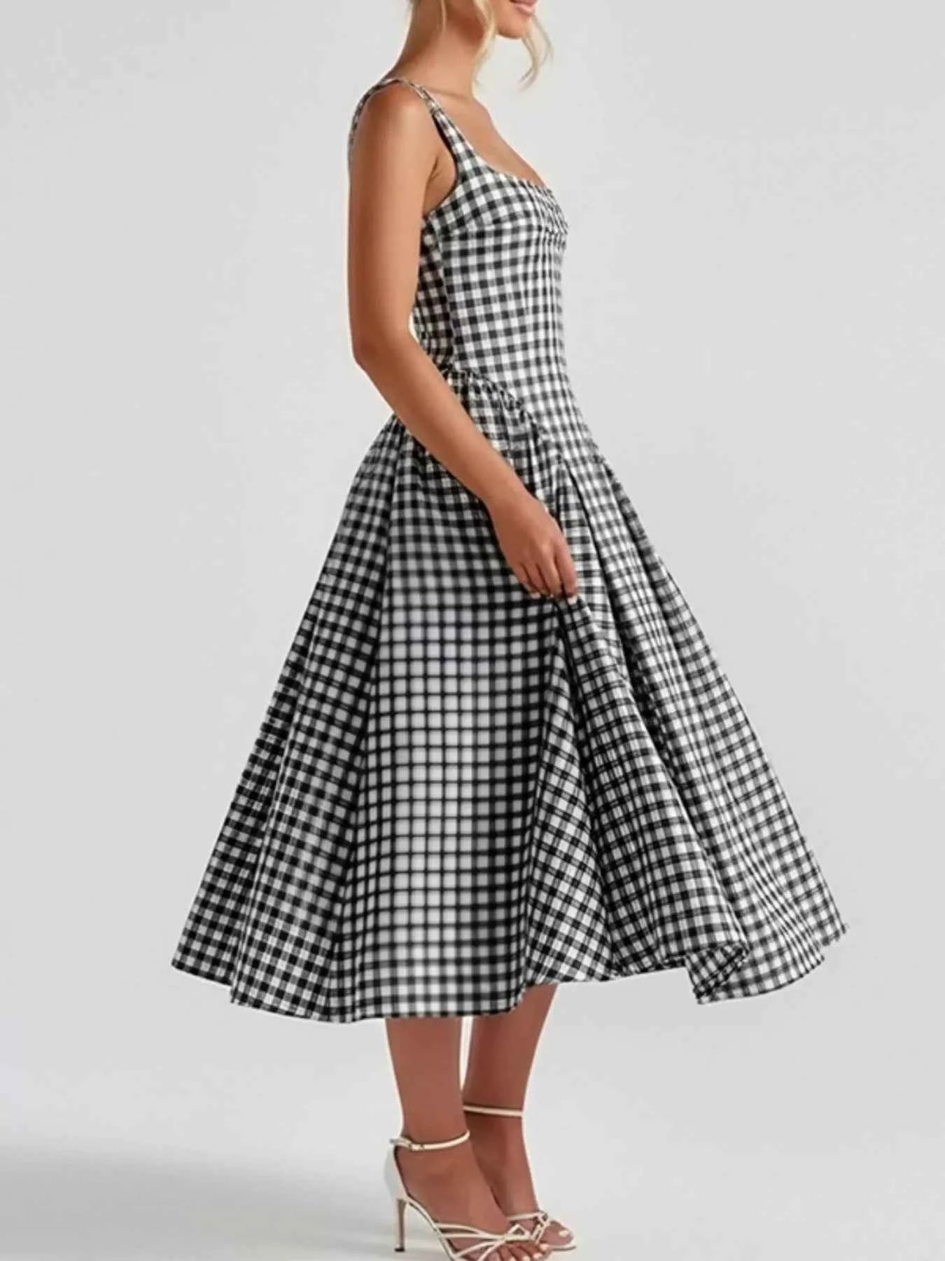 Full Size Square Neck Plaid Dress-Casual Dresses-Splashis-Splashis