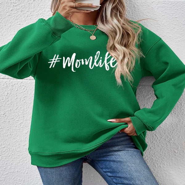 Model wearing the Letter Graphic Round Neck Sweatshirt