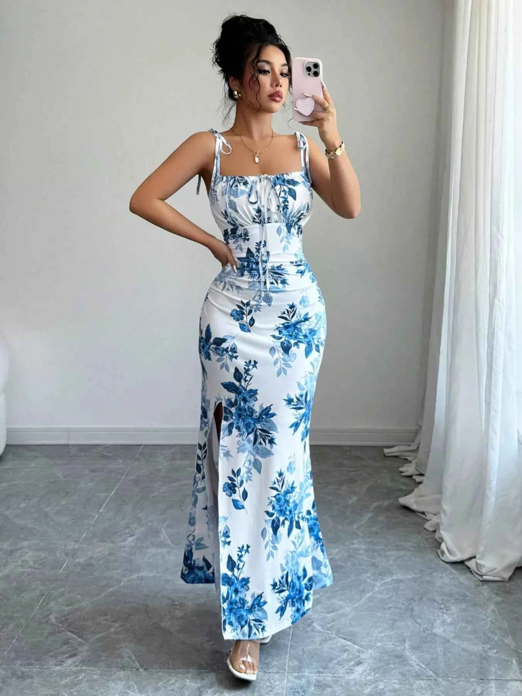 Printed tie strap slit maxi dress — additional view 11