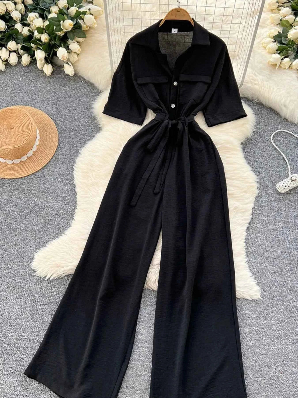 Belted tie waist wide leg jumpsuit — additional view 6