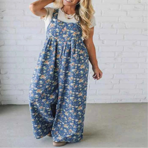 Floral print wide leg denim overalls — primary view