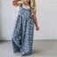 Floral print wide leg denim overalls — primary view