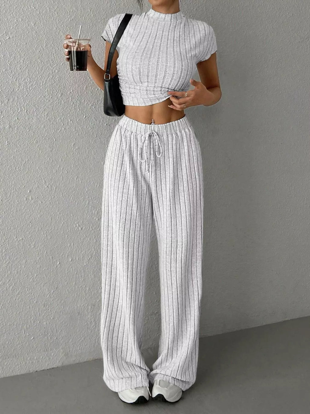 Ribbed Knit Top and Wide Leg Pants Set view 4