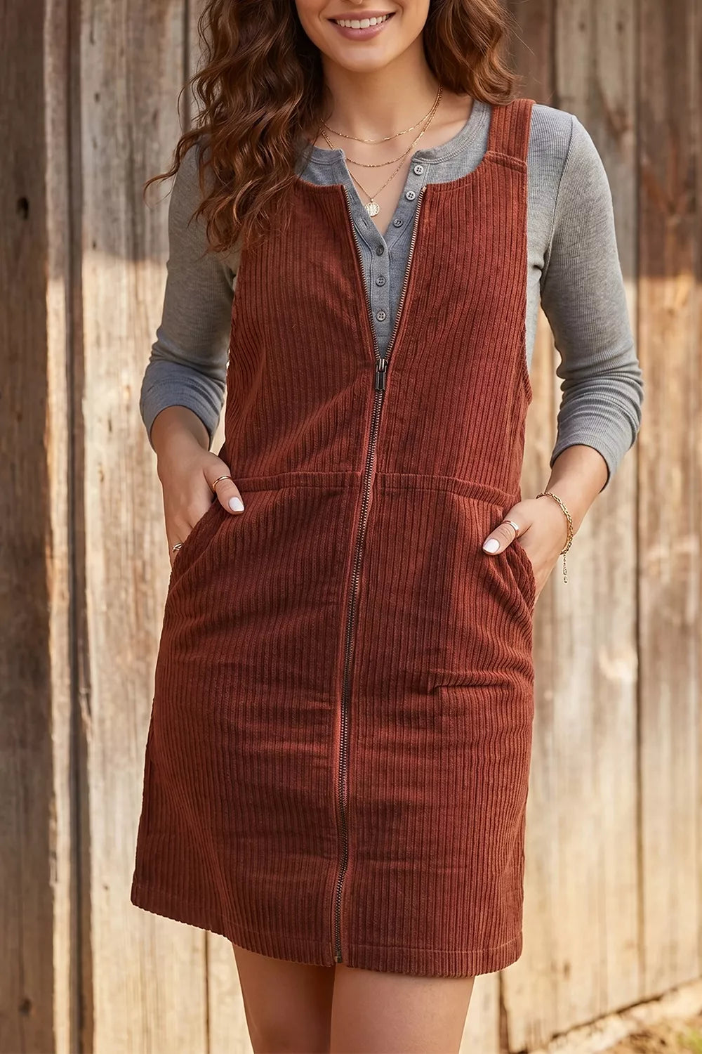 Ribbed Corduroy Zip-Up Sleeveless Pocket Sheath Dress view 5