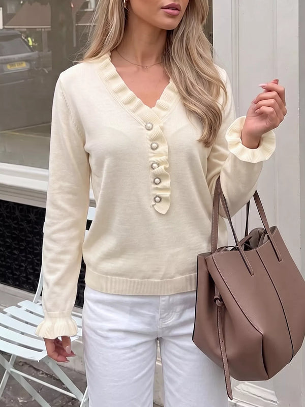 Ruffle Trim Pearl Button V-Neck Knit Top view 4