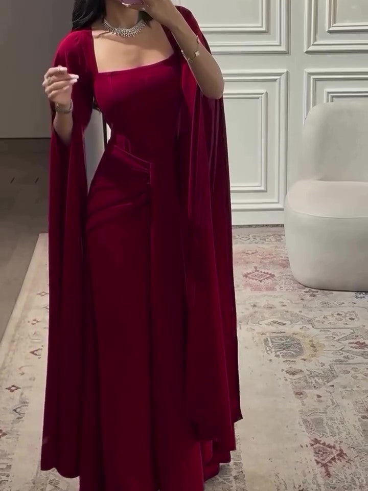 Burgundy Square-Neck Cape Maxi Dress, shown in a clear product image