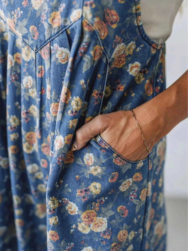 Floral print wide leg denim overalls — additional view 11