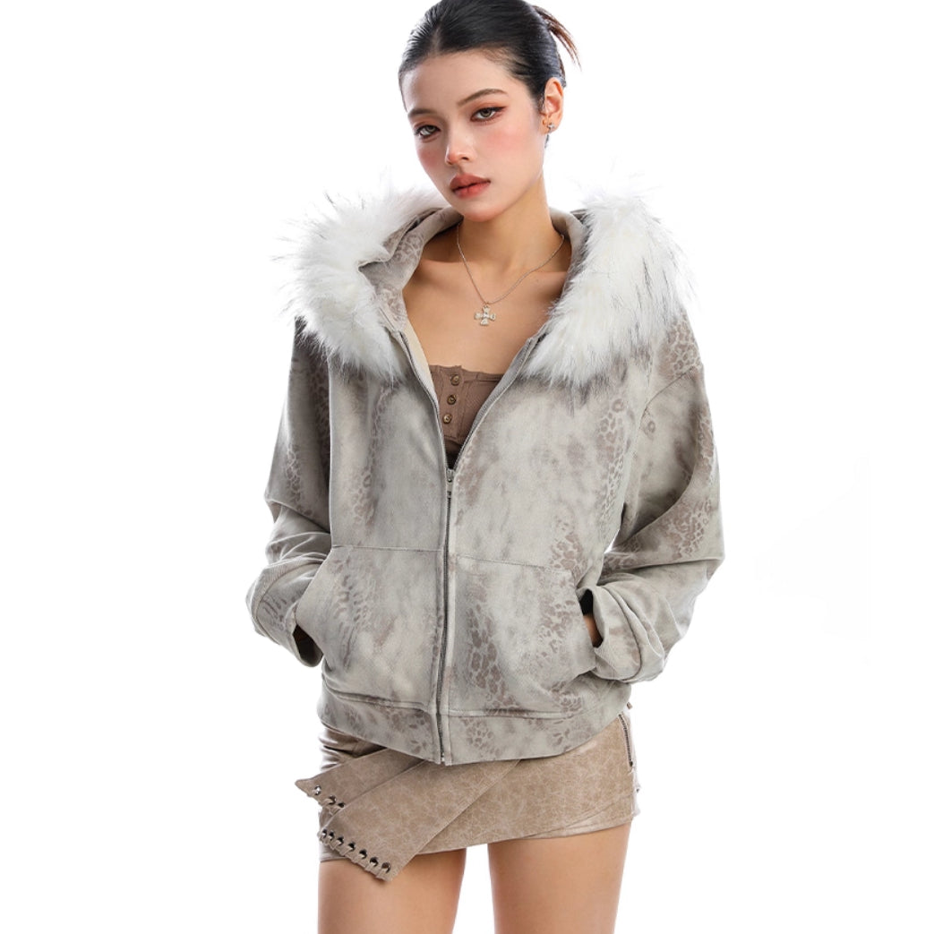 Detachable Fur Collar Leopard Print Hooded Sweater Women's Short Cardigan Jacket product image