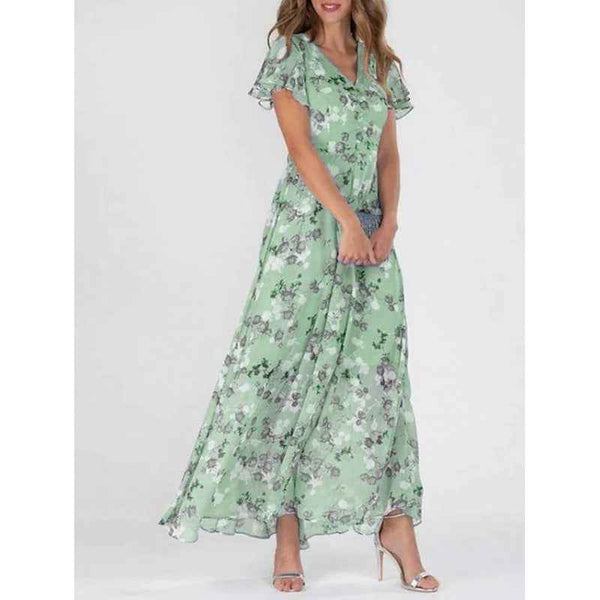 Floral Print Off-Shoulder Chiffon Maxi Dress-Dresses-Splashis-Color:green-Size:M-Splashis