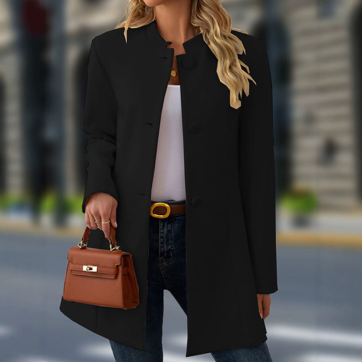 Women's Casual Stand Collar Mid-Length Wool Coat additional product view