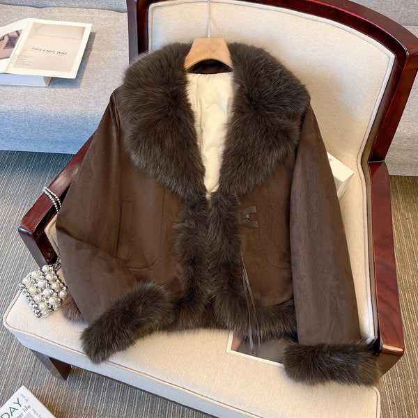 Brown cropped coat with dark plush trim, front view on a hanger