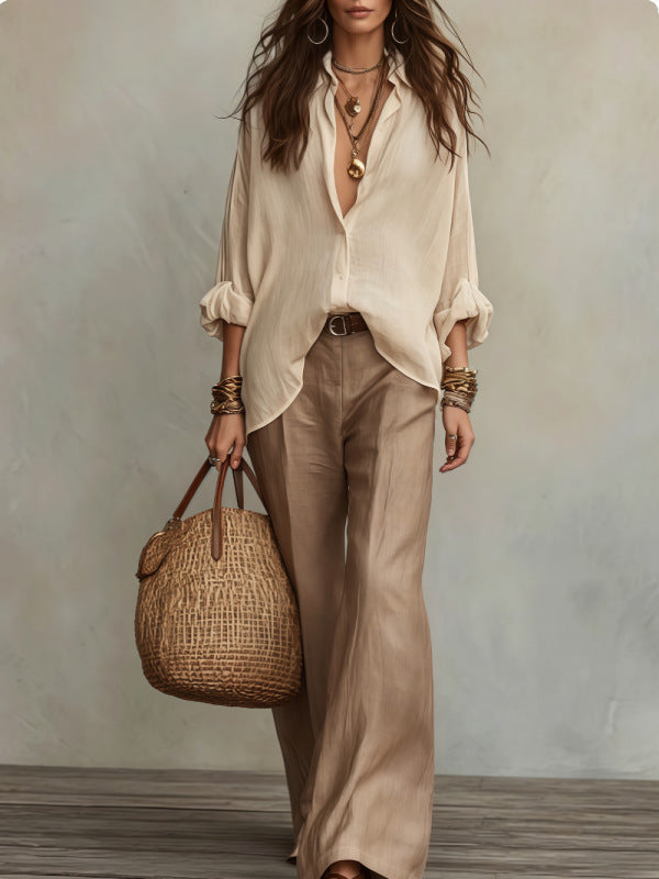 Product detail photo of Linen Shirt and Wide Leg Pants Set, Women’s Clothing Set, linen shirt and wide leg pants set, everyday style