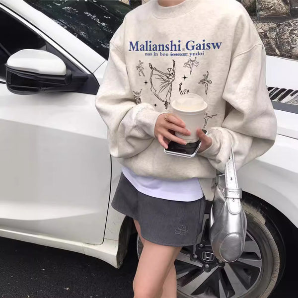 Women's Brushed Letter Print Hoodie-Splashis, White Gray With Velvet