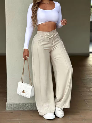 Apricot high-waist wide-leg drawstring pants with pockets for women