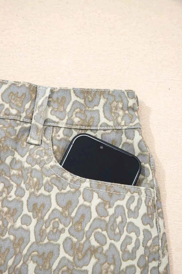 Raw edge leopard print denim shorts — additional view 6