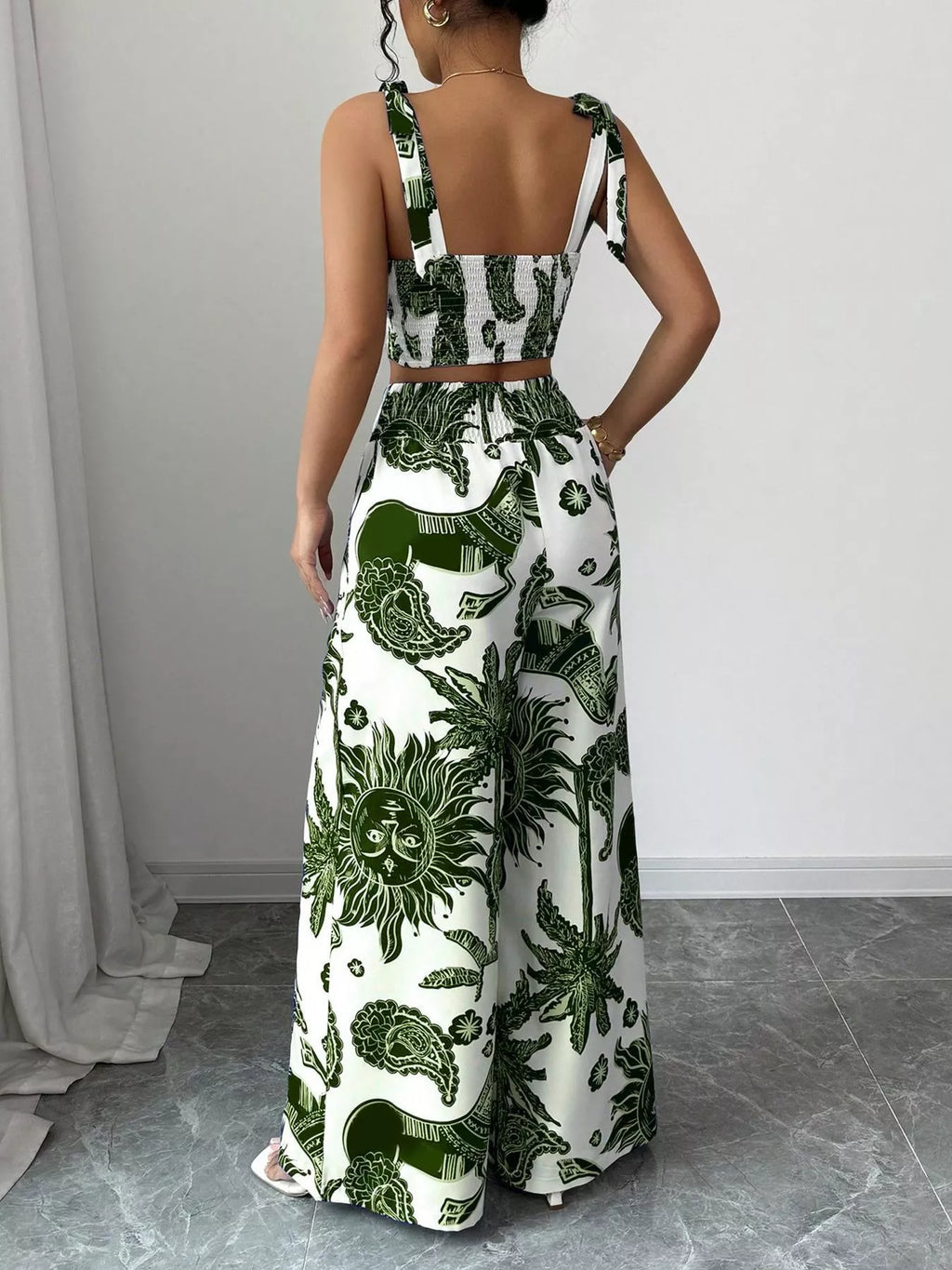 Floral Print Crop Top and Wide Leg Pants Set view 8
