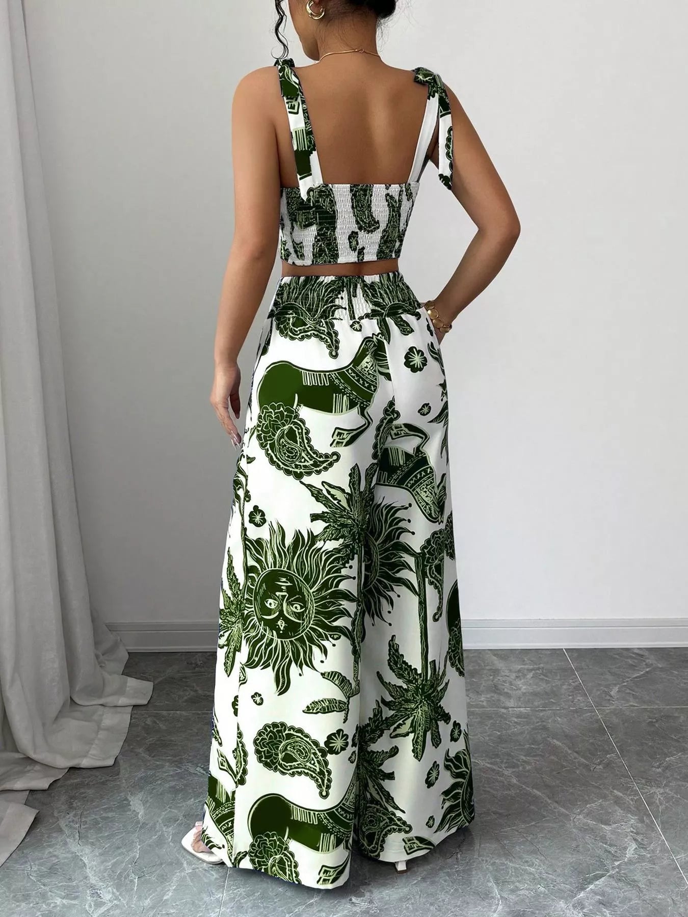 Floral Print Crop Top and Wide Leg Pants Set view 8