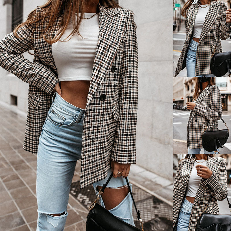 Women's Winter Plaid Long Suit Jacket – Slim Fit Blazer, shown in a clear product image