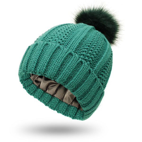Green satin lined pom pom beanie hat for women