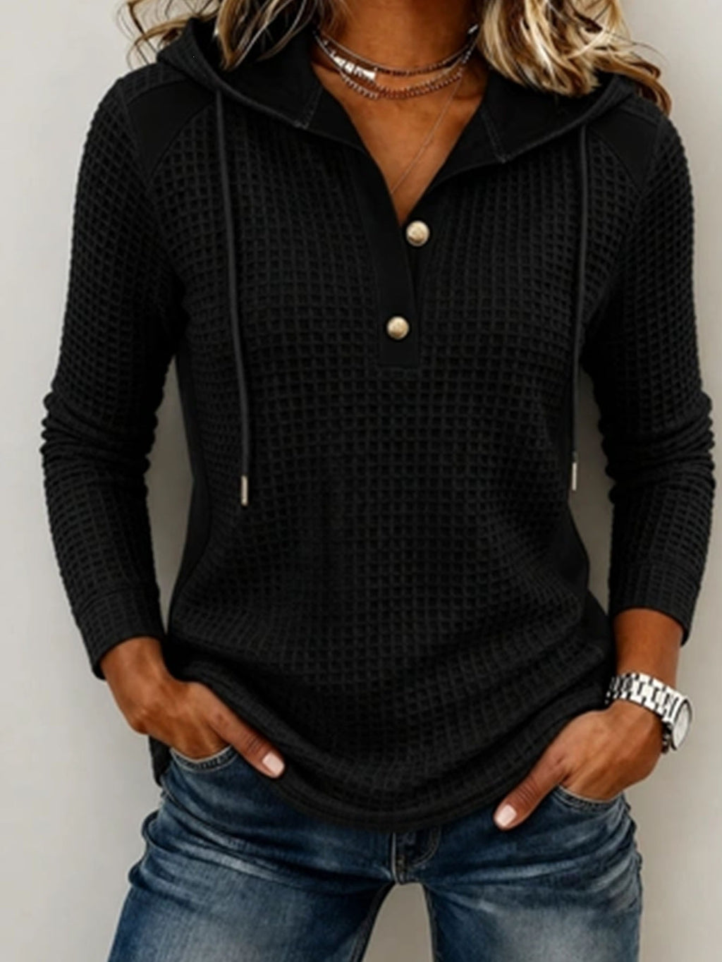 Black waffle knit hoodie sweatshirt for women