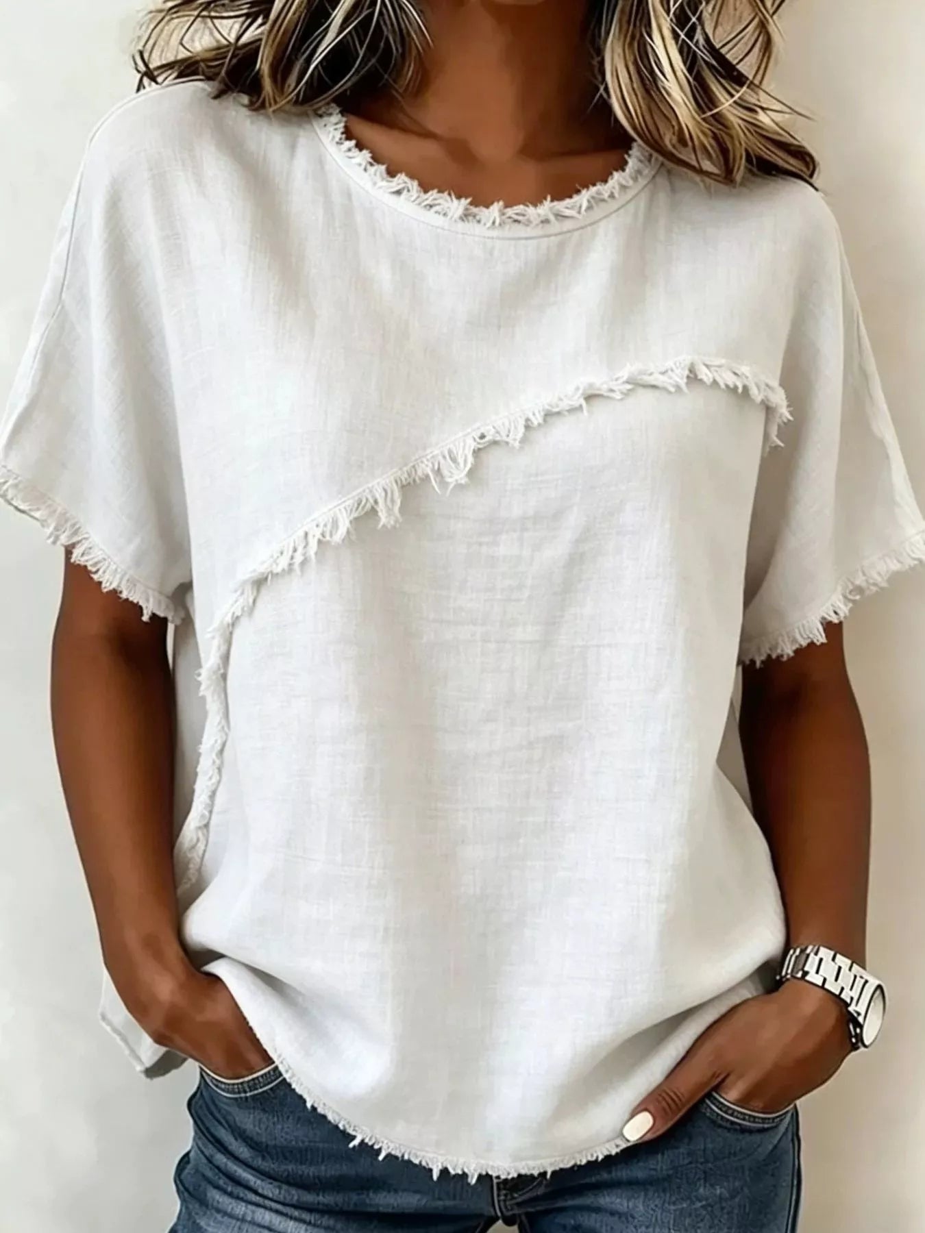 Full Size Frayed Hem Short Sleeve Top Plus Size view 13