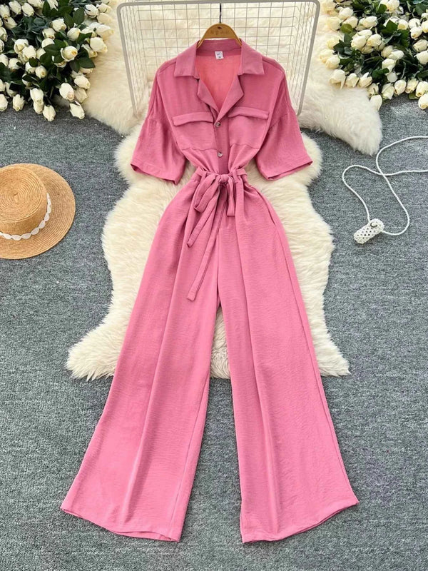 Belted Tie Waist Wide Leg Jumpsuit-Jumpsuit-Splashis-Color:Pink-Size:One Size-Splashis