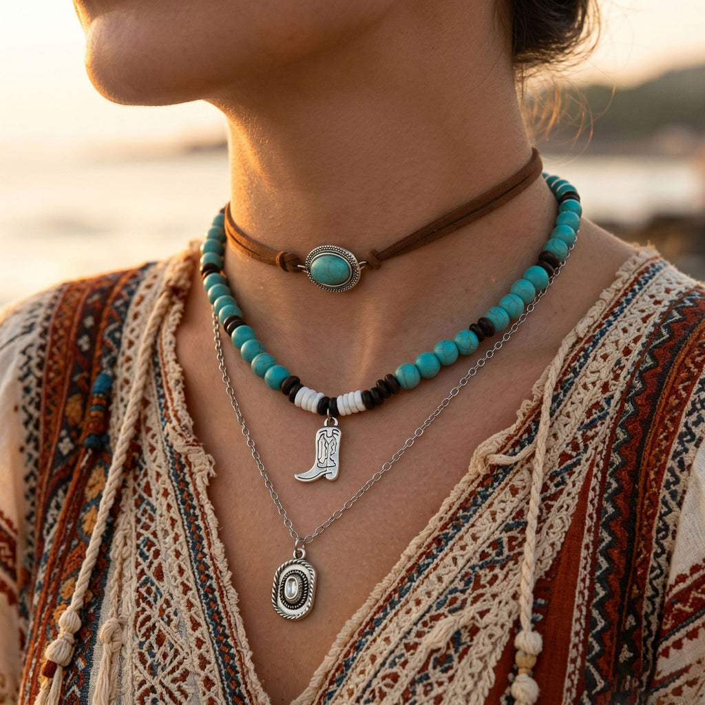 Turquoise-colored beaded necklace with brown choker and small silver-tone hanging pendants