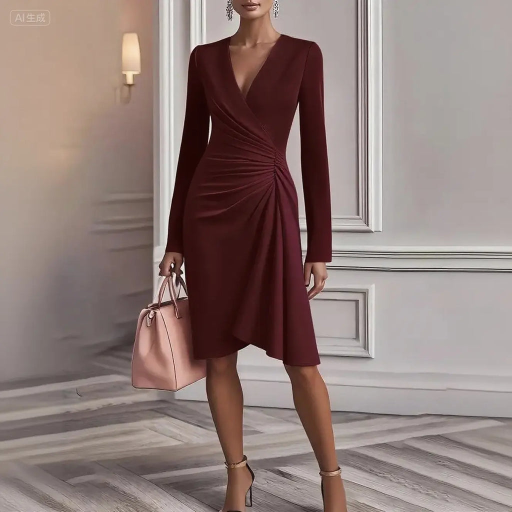 Wine red cross V-neck long sleeve dress for women
