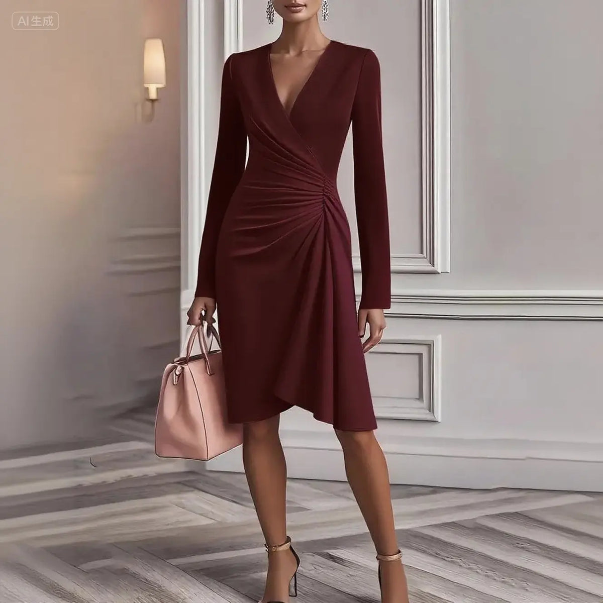 Wine red cross V-neck long sleeve dress for women