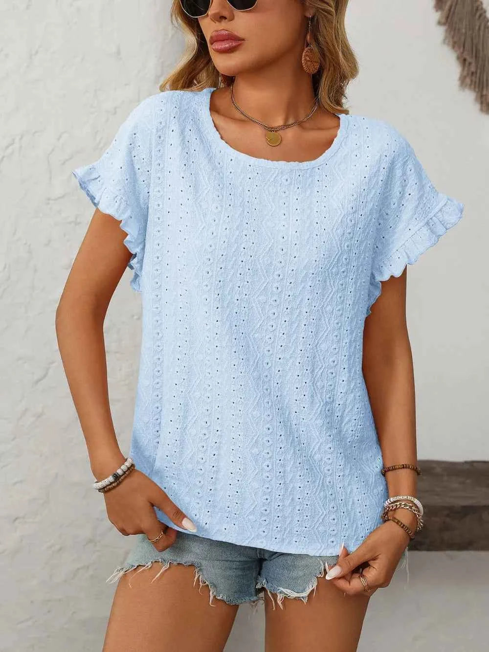 Feminine Eyelet Short Sleeve Top-T-shirt-Splashis-Color:Light Blue-Size:2XL-Splashis