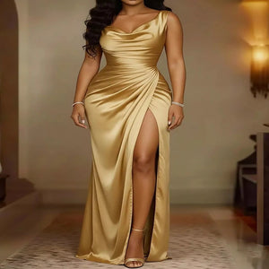 Champagne elegant satin cowl-neck maxi dress