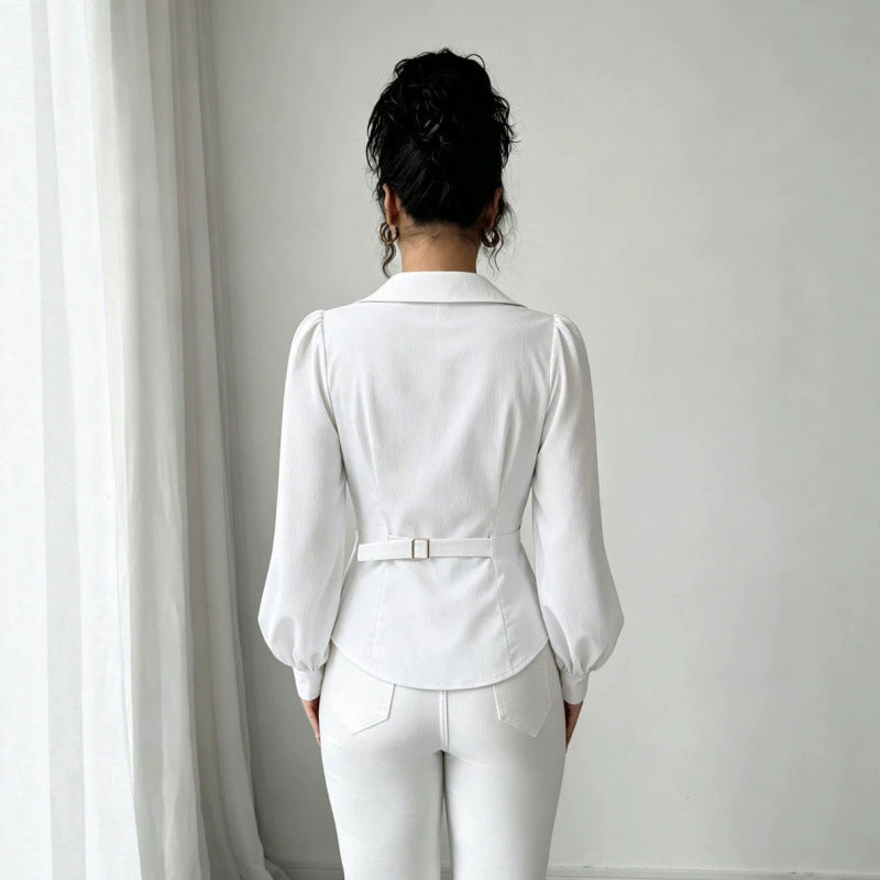 Product detail photo of Cinched Waist Irregular V Neck Top, Women’s Top, everyday style