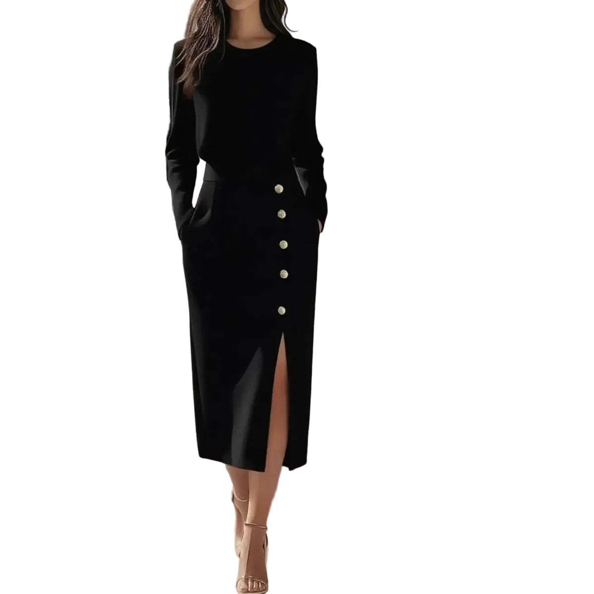 Black women's button-front midi dress with waist tie and side slit