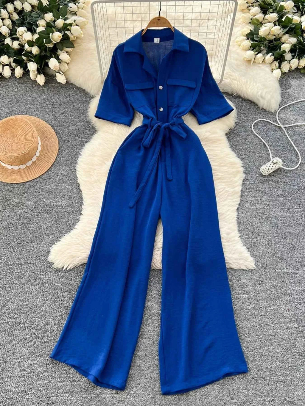 Belted tie waist wide leg jumpsuit — additional view 7