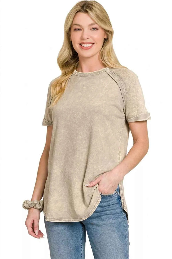 Washed french terry curved hem top — additional view 3