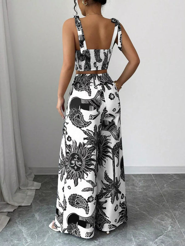 Floral Print Crop Top and Wide Leg Pants Set view 13