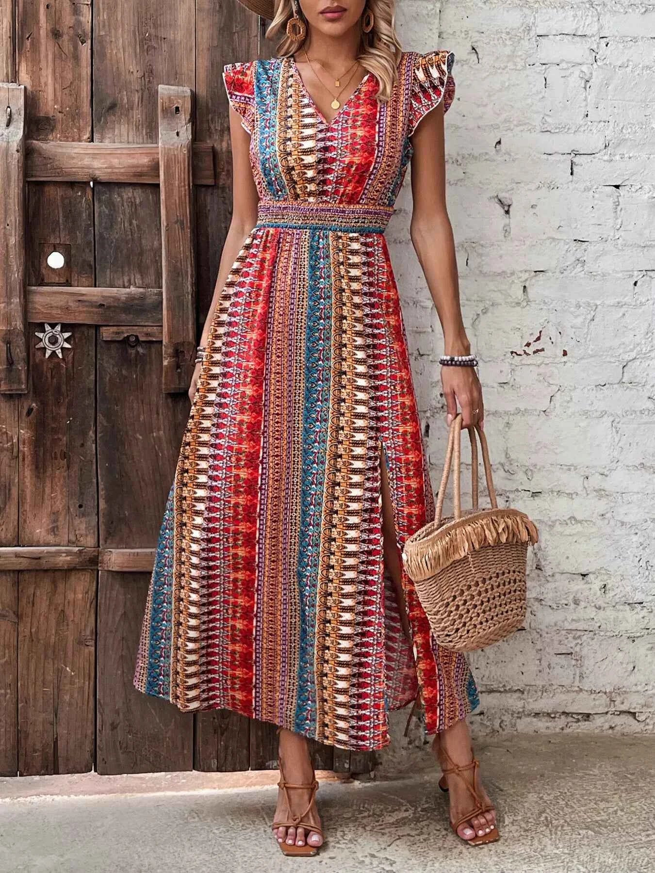 Boho print ruffle sleeve slit dress — additional view 5