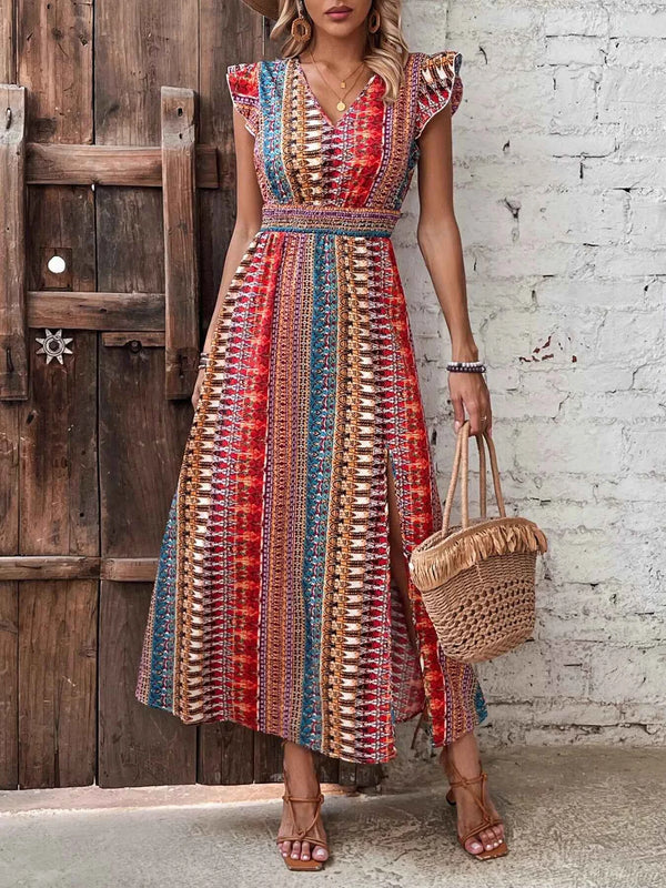 Boho print ruffle sleeve slit dress — additional view 5