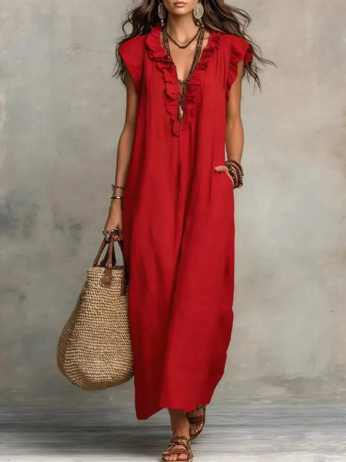 Ruffled V-Neck Maxi Dress, product view 7