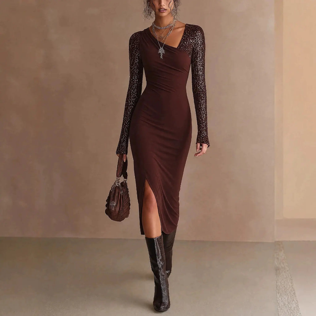 Women's asymmetrical printed midi dress with long sleeves