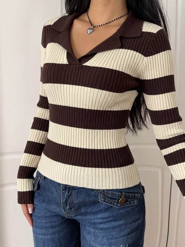 Striped Ribbed Knit Long Sleeve Sweater view 3
