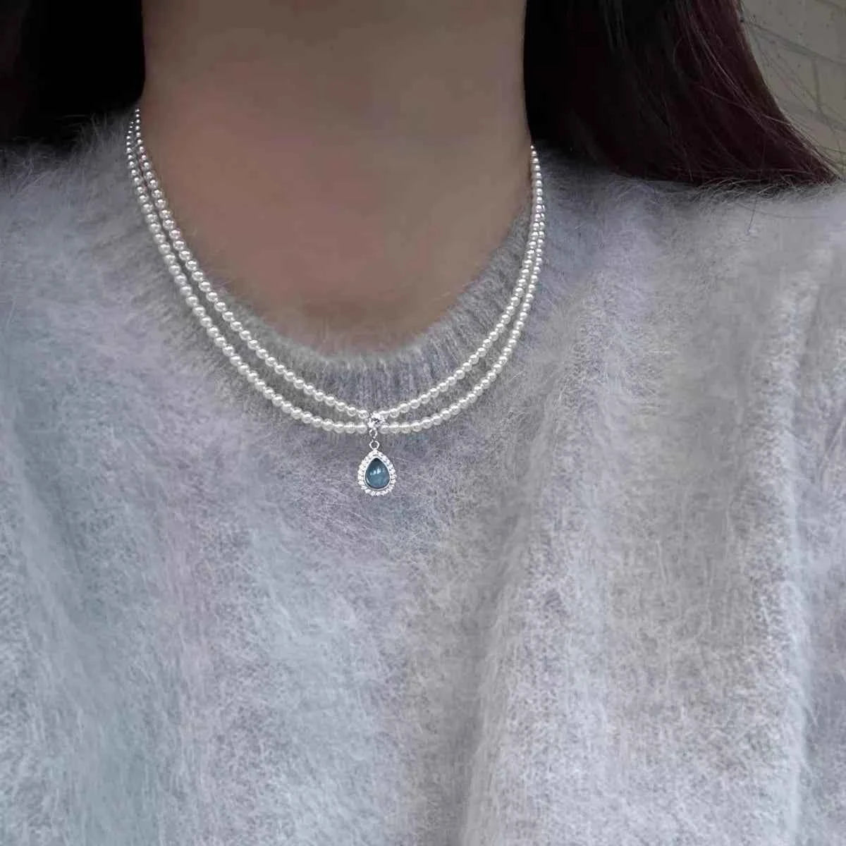 Double layer pearl necklace with teardrop pendant — additional view 2