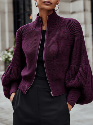 European And American Style Stand-up Collar Zippered Knit Sweater For Women, High-end, Loose-fitting, Slimming, Versatile For Commuting, Knitted Cardigan Top product image