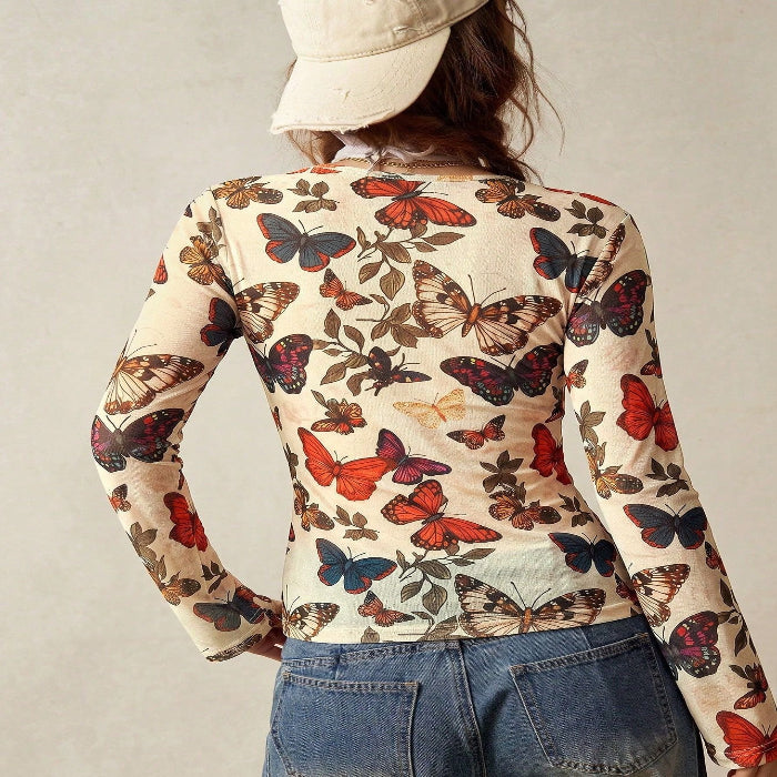 Women's Butterfly Print Top - V-Neck Pleated Long Sleeve Blouse additional product view