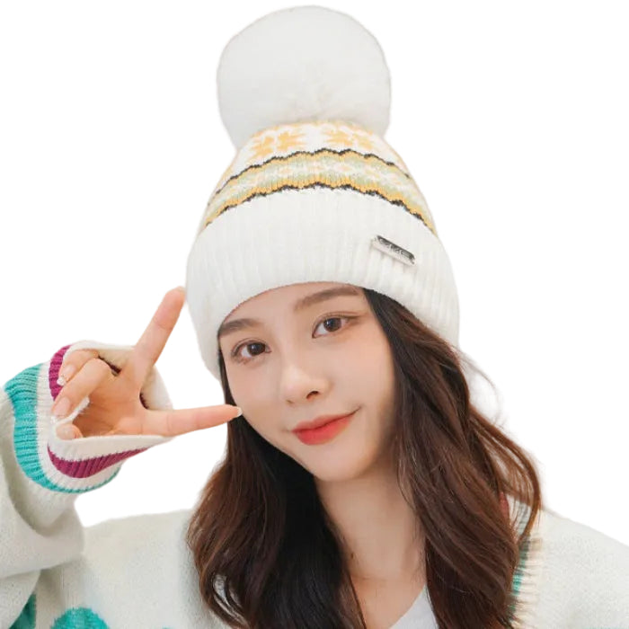 Women's Ear Flap Pom Pom Beanie - Braided Knit Winter Hat product image
